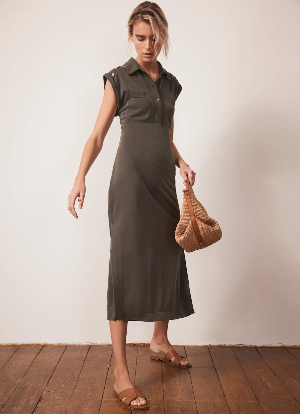 Khaki Utility Midi Dress