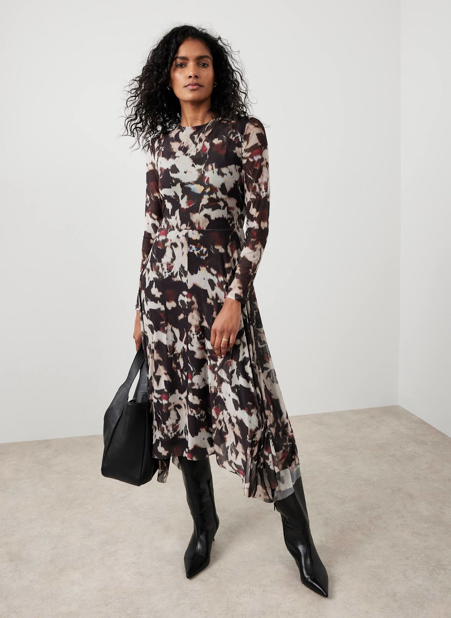 Burgundy Abstract Print Mesh Midi Dress