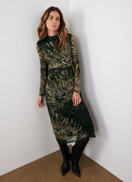 Black Feather Print Mesh Midi Dress