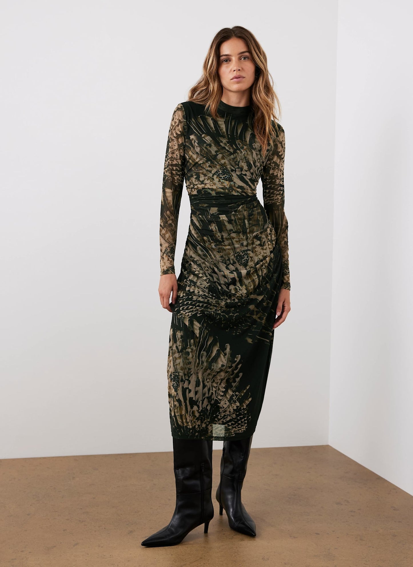 Black Feather Print Mesh Midi Dress