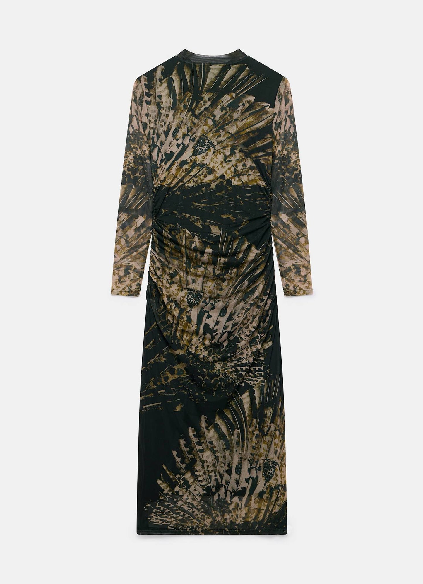 Black Feather Print Mesh Midi Dress
