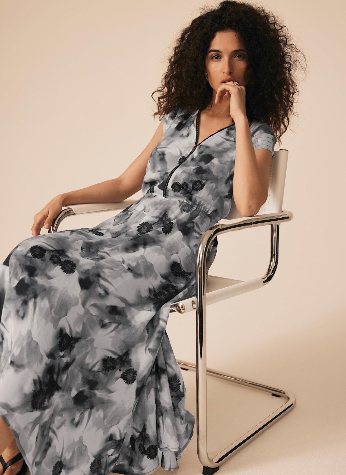 Grey Abstract Print Midi Dress