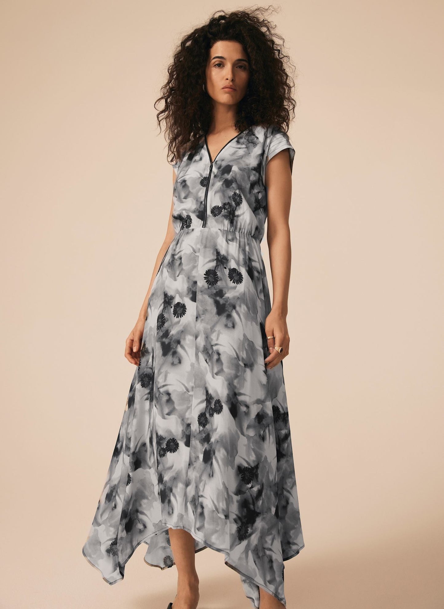 Grey Abstract Print Midi Dress