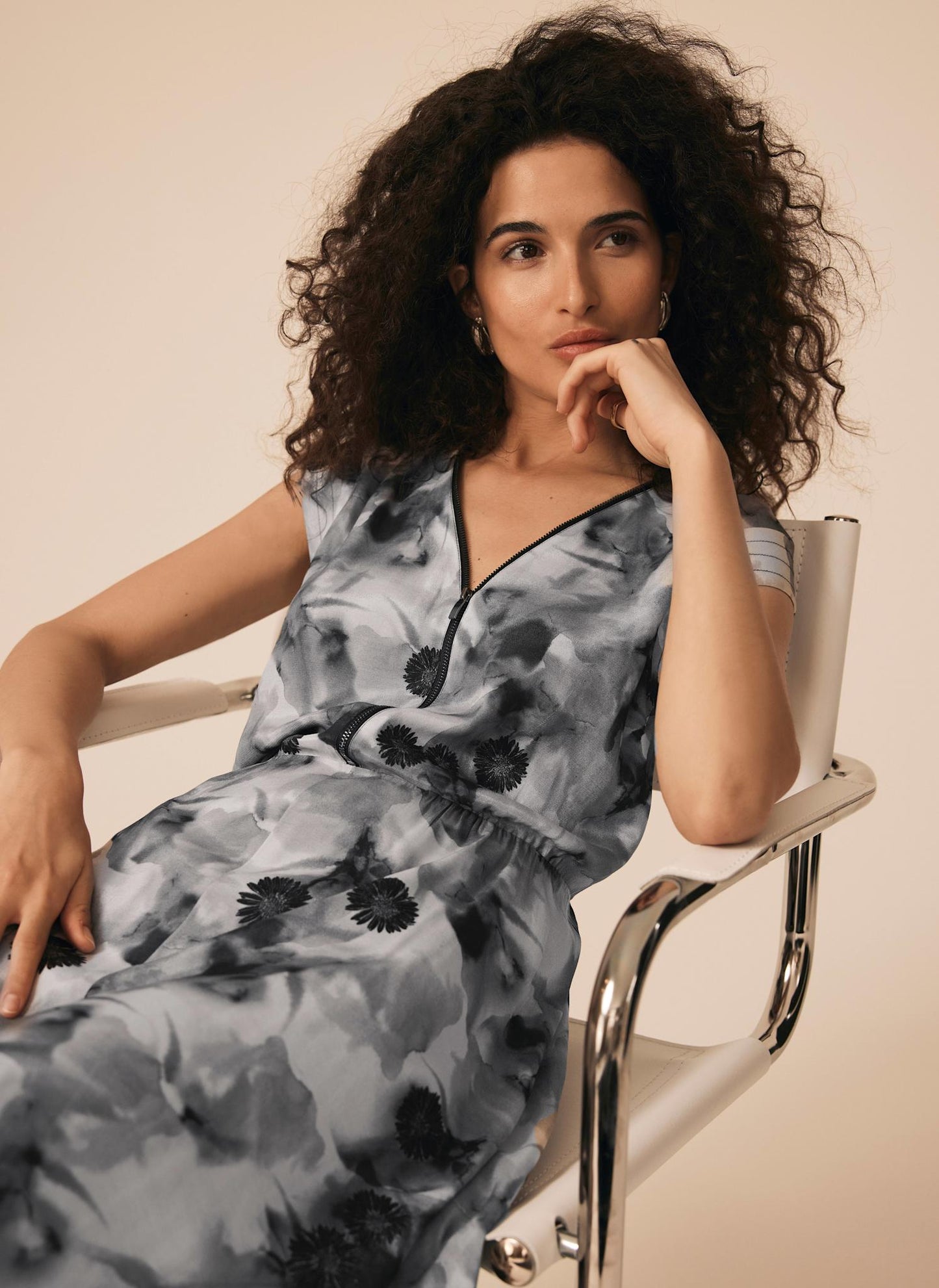 Grey Abstract Print Midi Dress