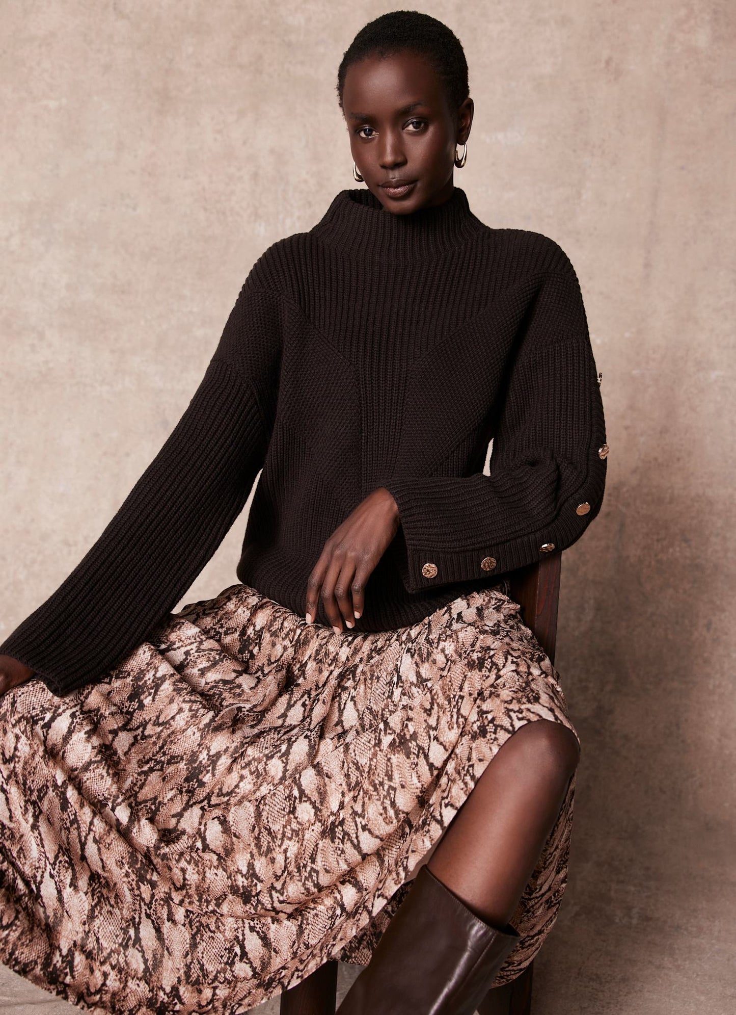 Brown Snake Print Midi Skirt