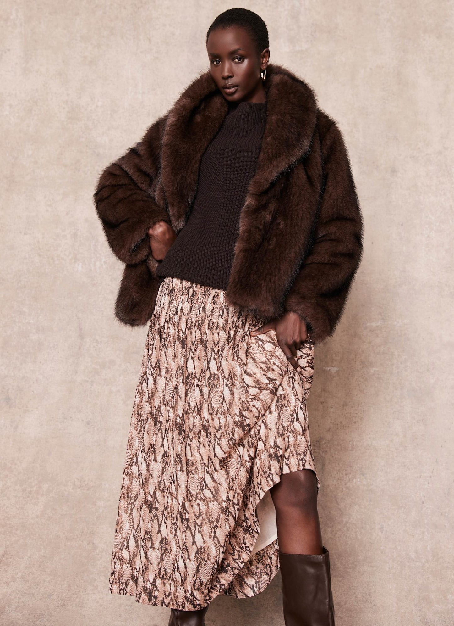 Brown Snake Print Midi Skirt