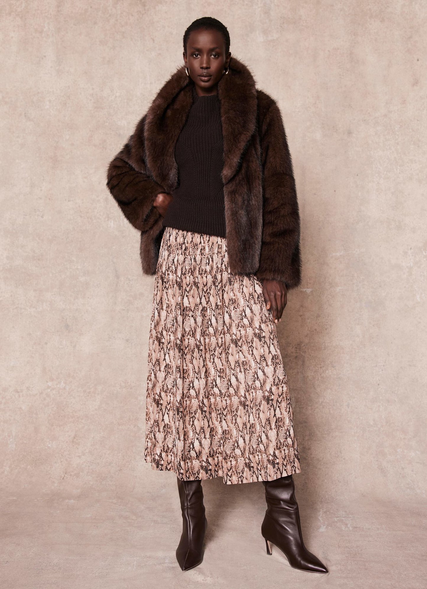 Brown Snake Print Midi Skirt