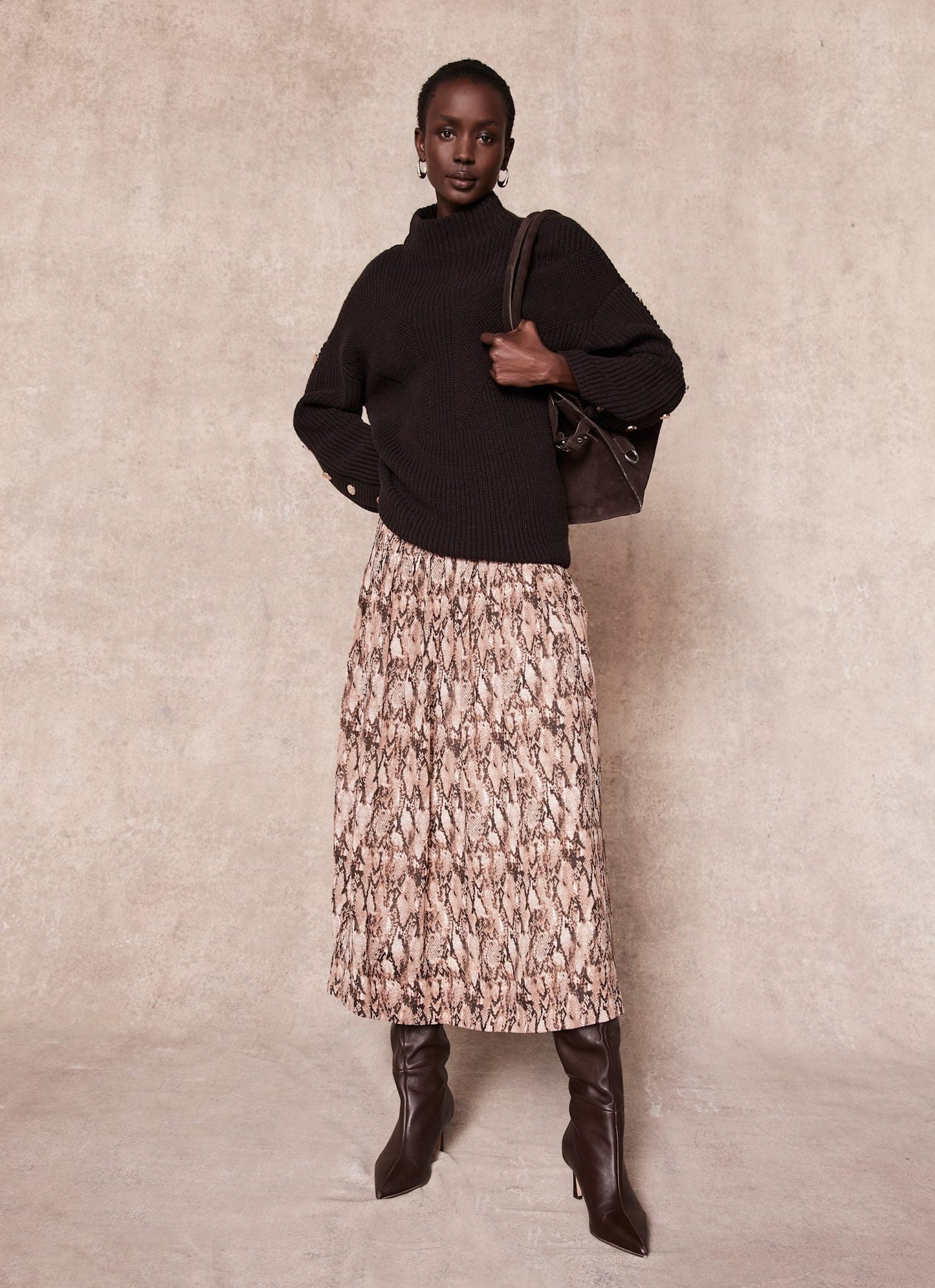 Brown Snake Print Midi Skirt
