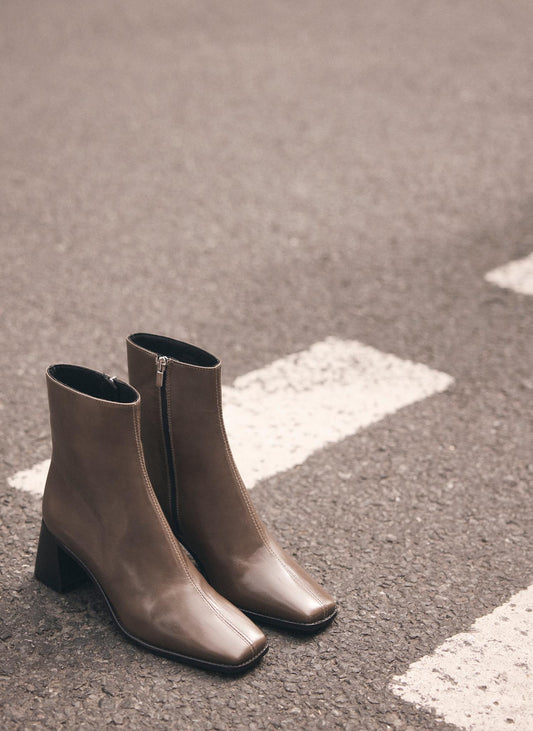 Aria Khaki Leather Ankle Boots