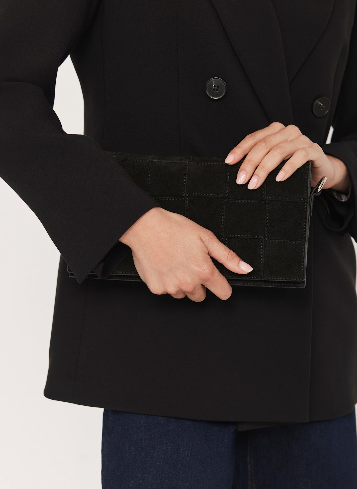 Avi Black Suede Woven Clutch