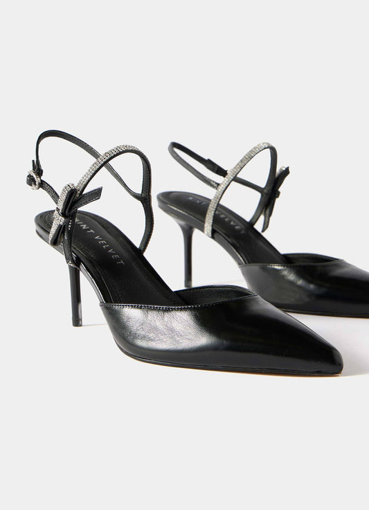 Kai Black Leather Diamante Trim Mid Heels