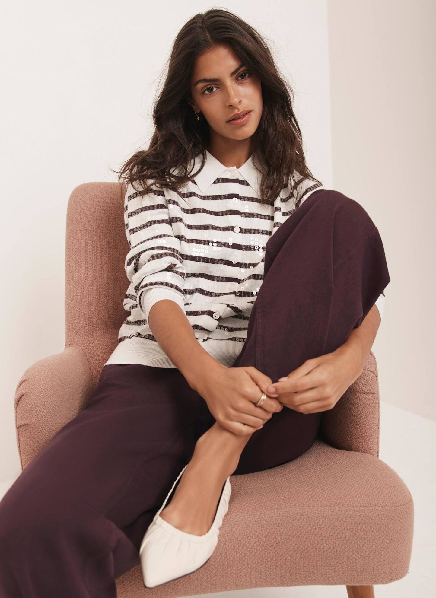 Burgundy Stripe Sequin Collar Cardigan