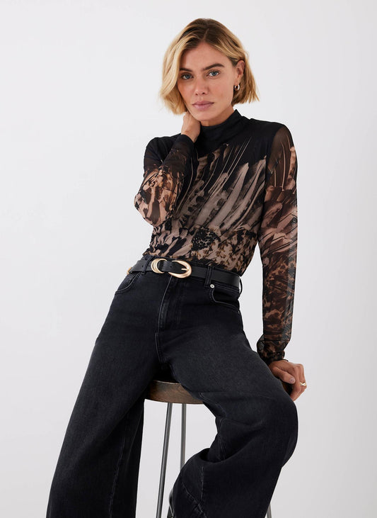 Black Feather Print Mesh Top