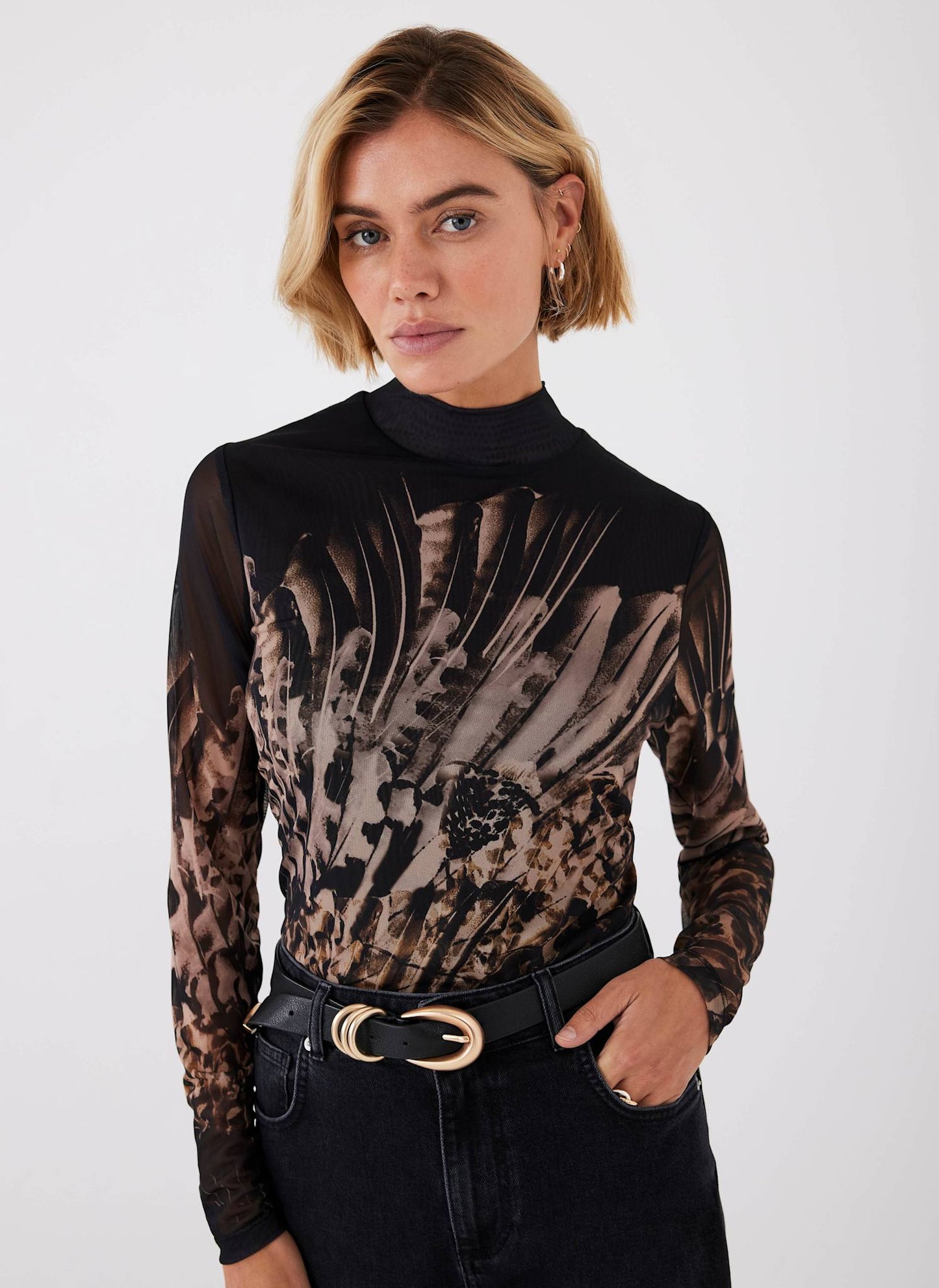 Black Feather Print Mesh Top