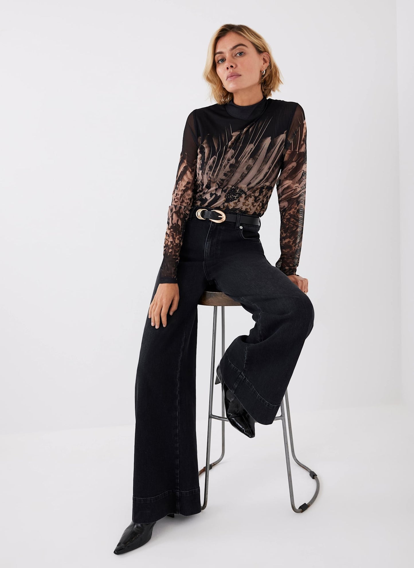 Black Feather Print Mesh Top