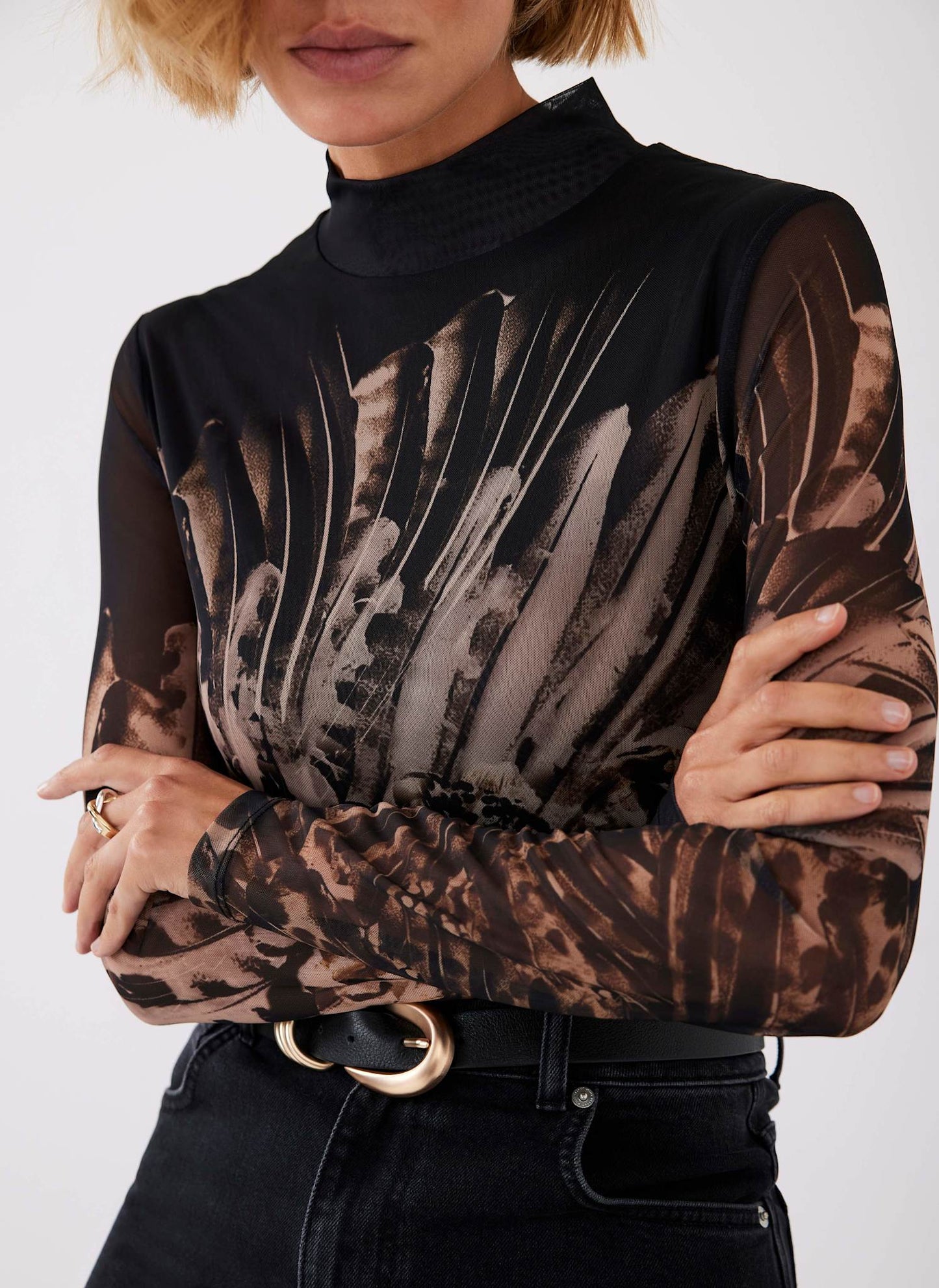 Black Feather Print Mesh Top