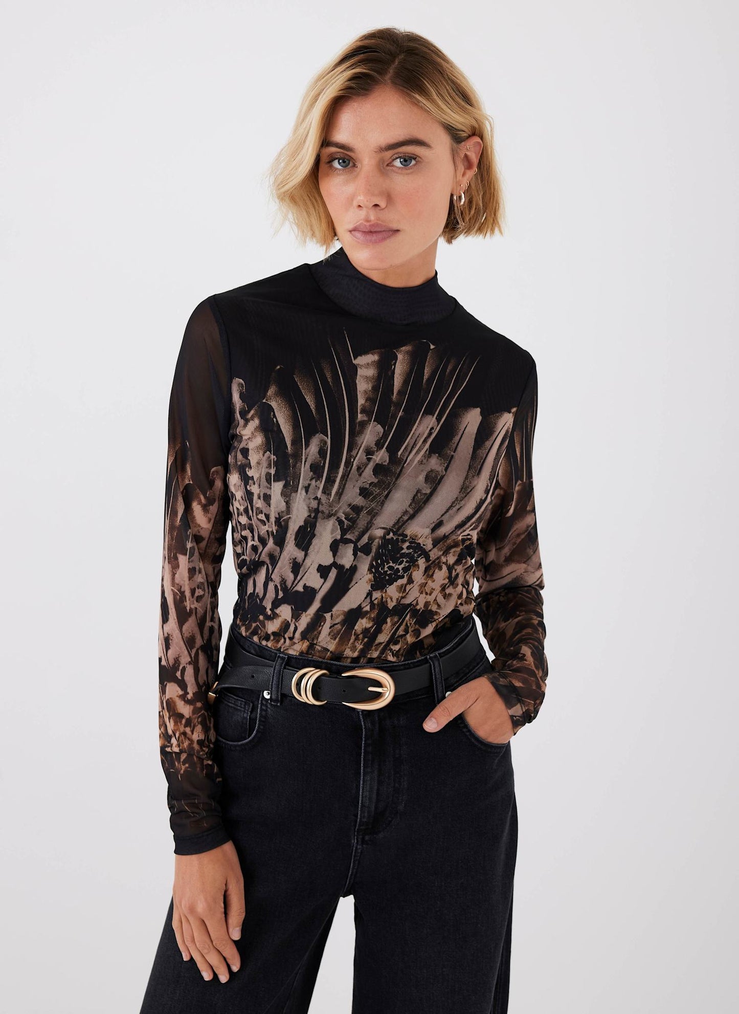 Black Feather Print Mesh Top