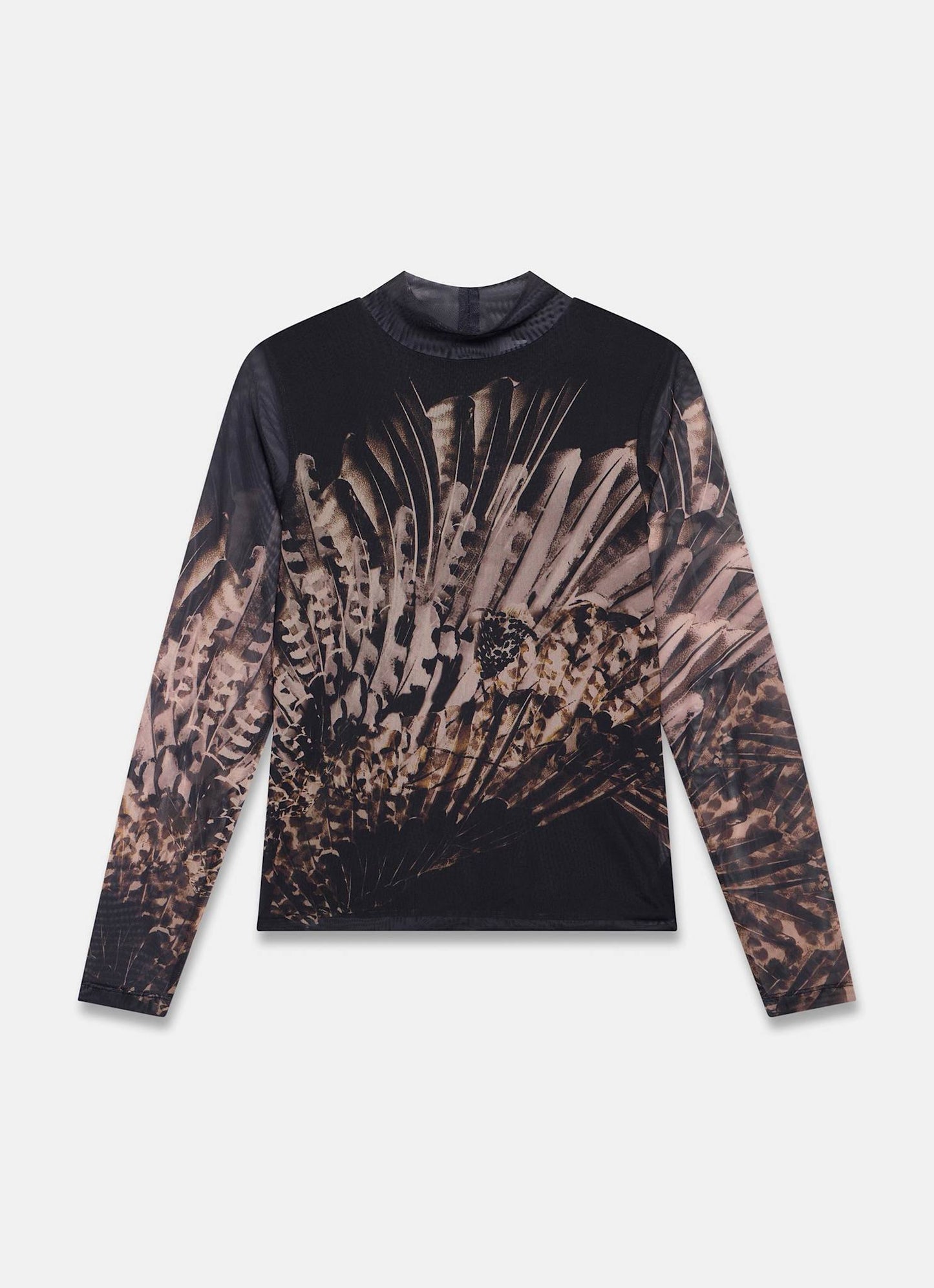 Black Feather Print Mesh Top