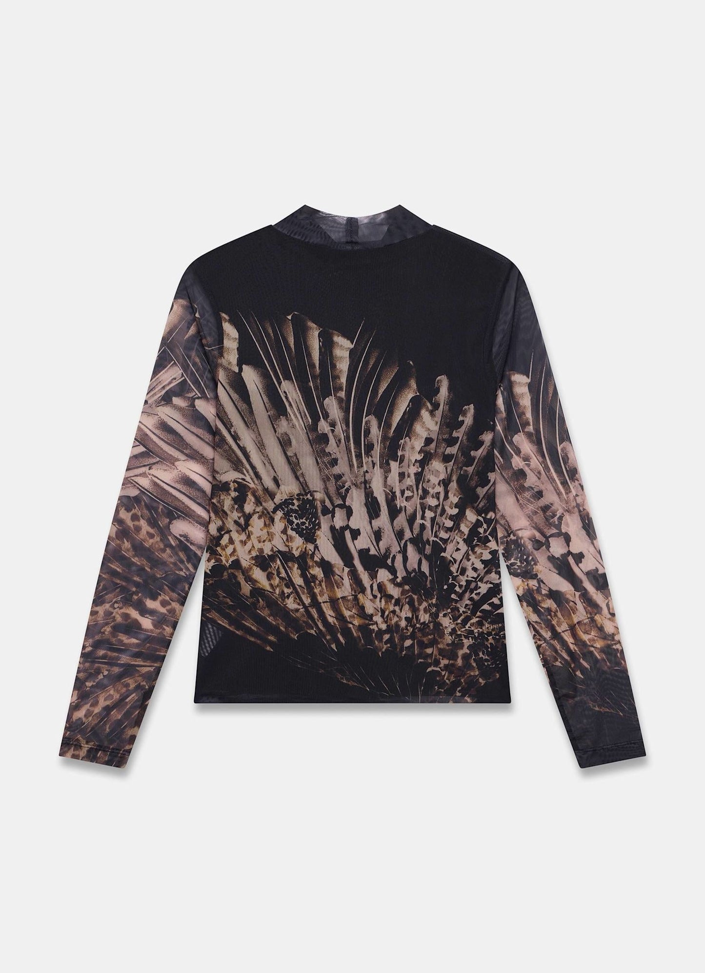 Black Feather Print Mesh Top