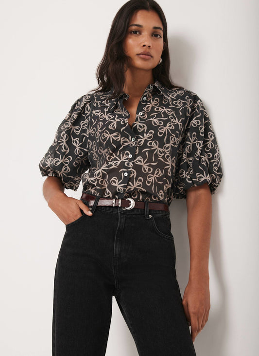 Black Bow Print Cropped Shirt