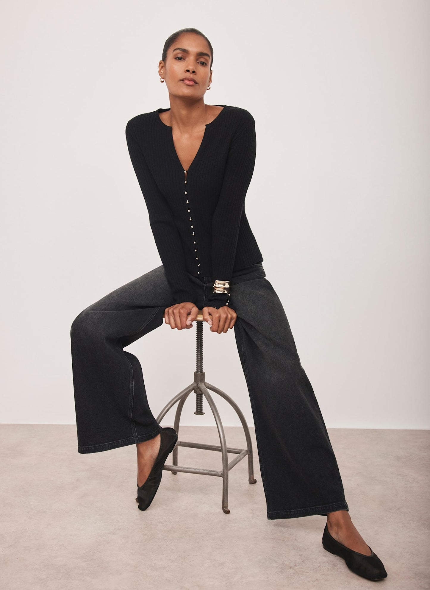 Black Button Detail Ribbed Top