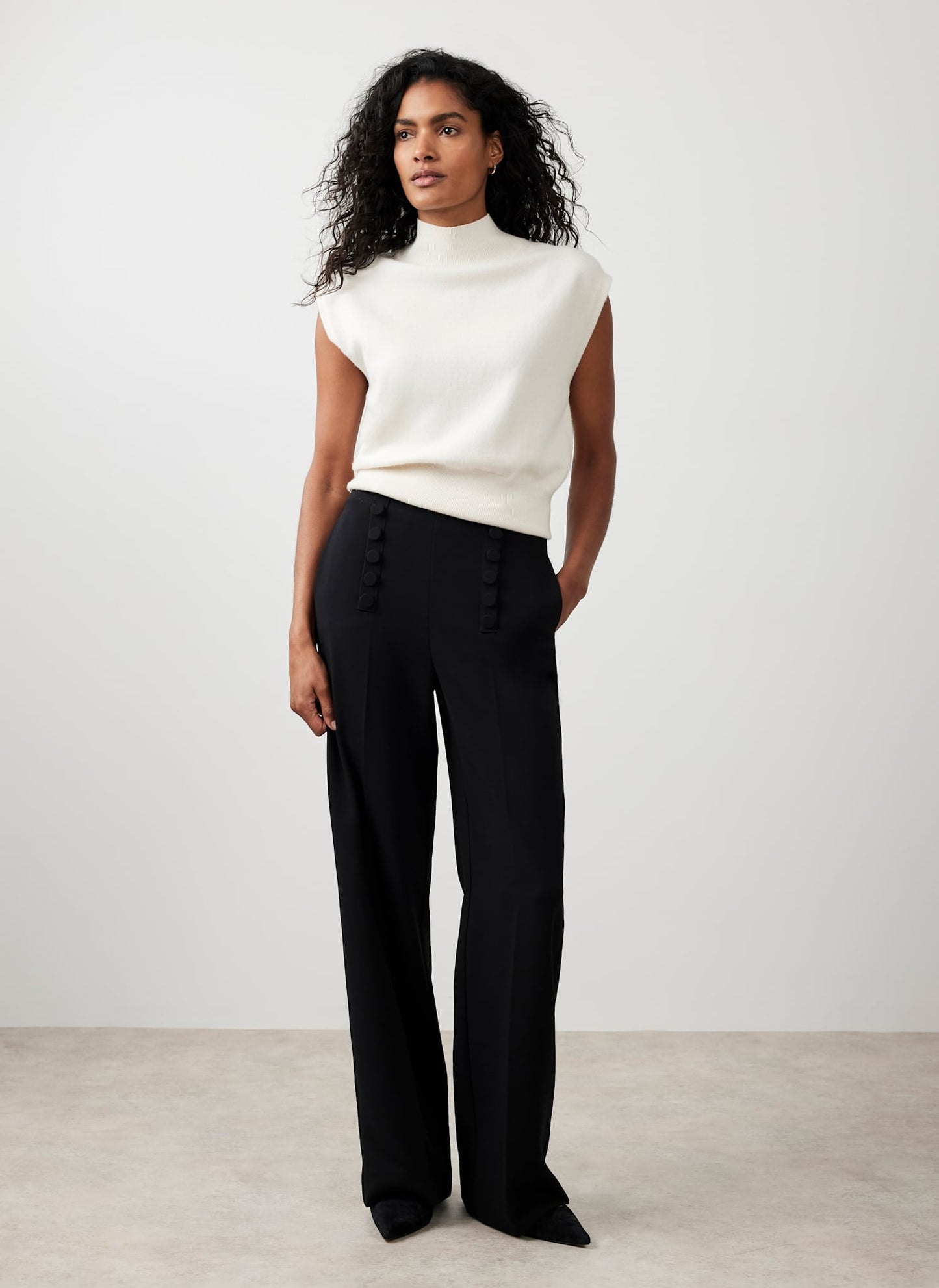 Black Button Detail High Waisted Wide Trousers
