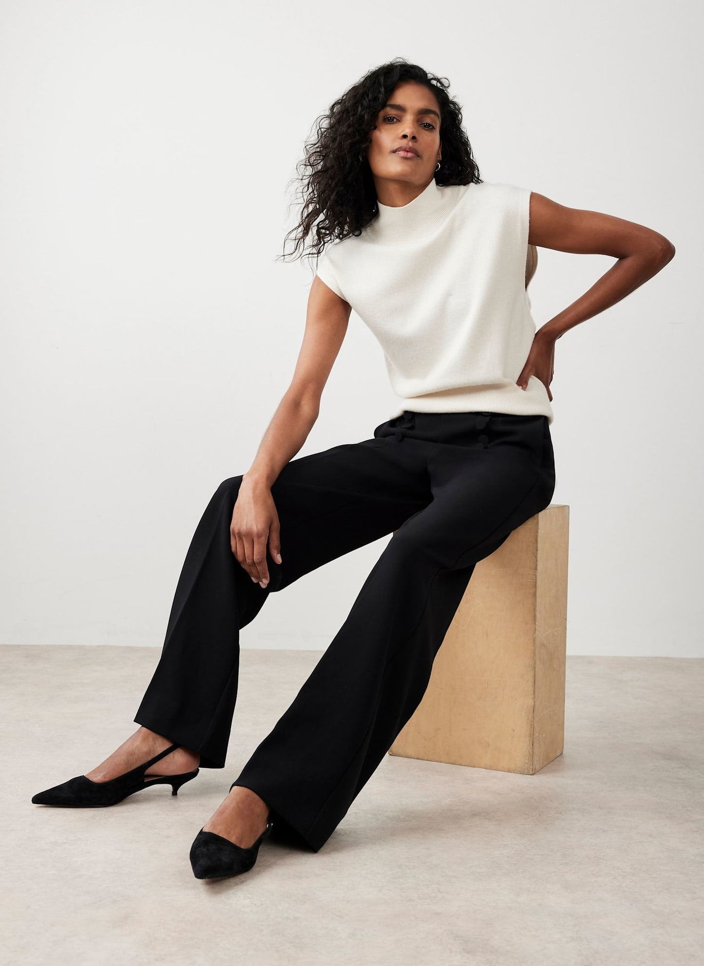Black Button Detail High Waisted Wide Trousers