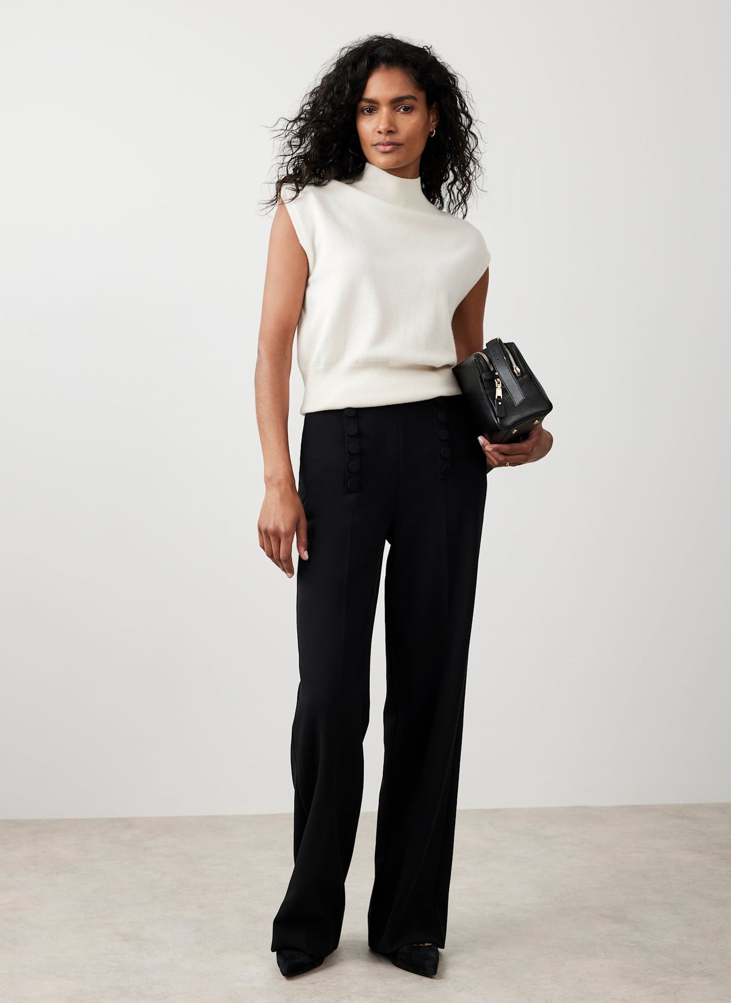 Black Button Detail High Waisted Wide Trousers