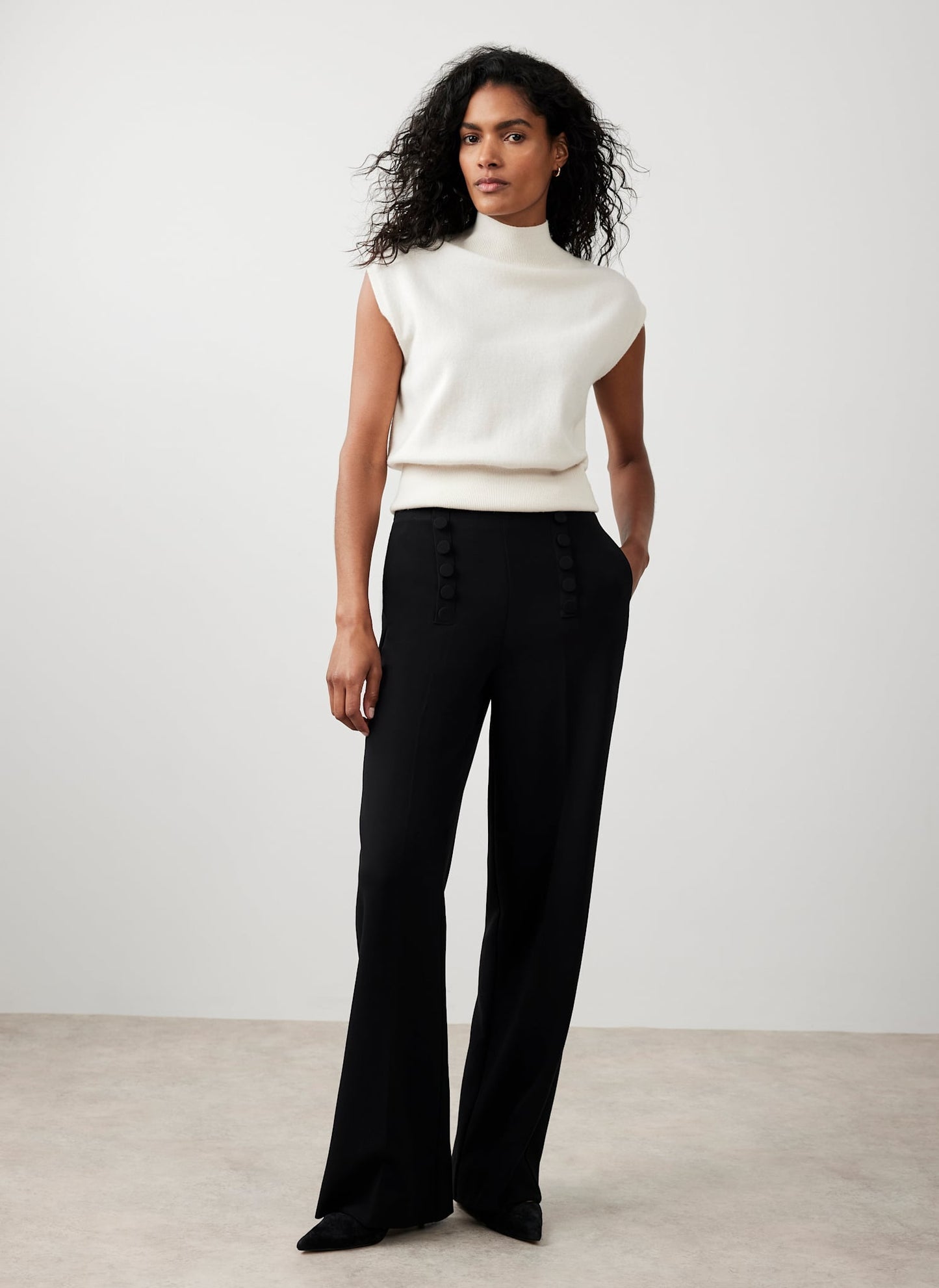 Black Button Detail High Waisted Wide Trousers