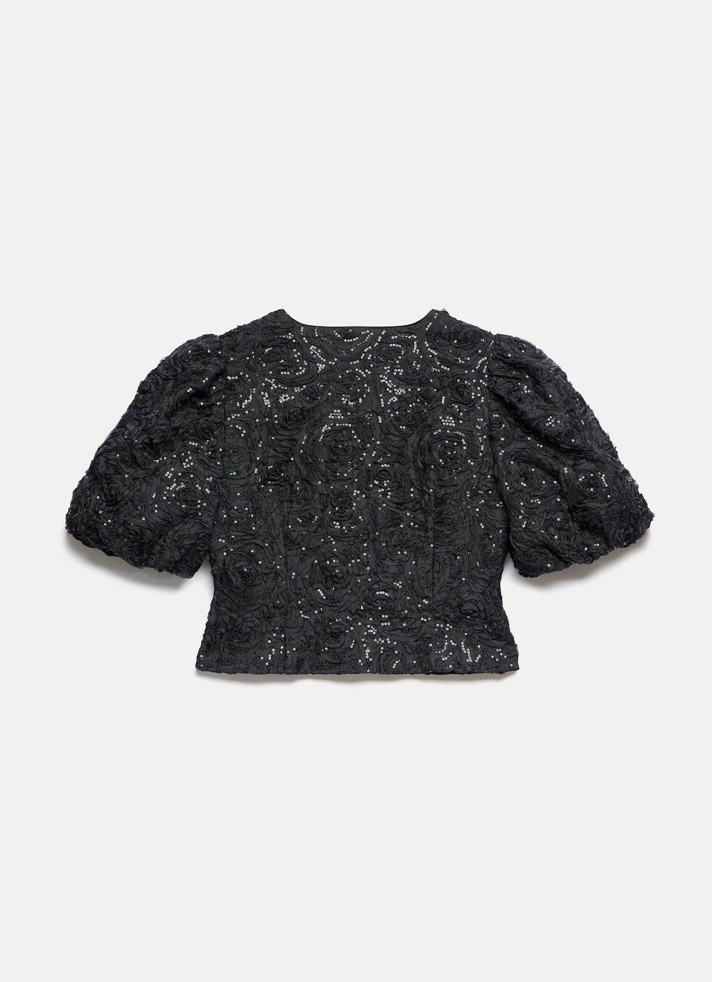 Black Embellished Puff Sleeve Sequin Top