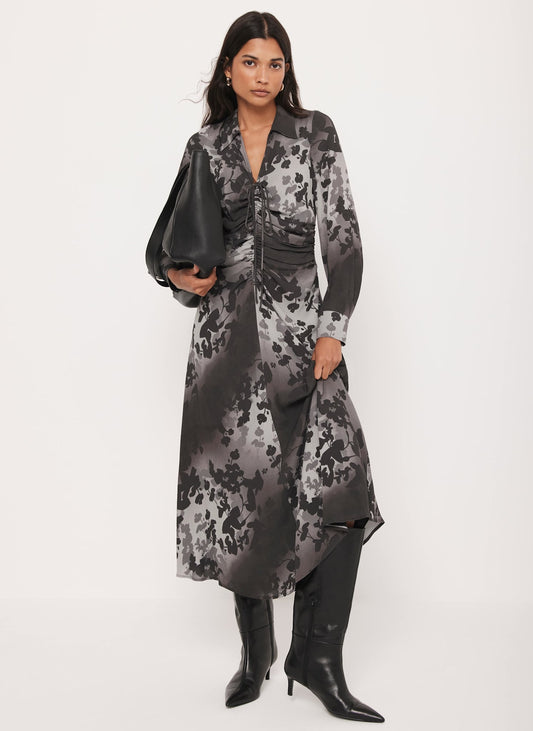 Black Floral Print Midi Dress