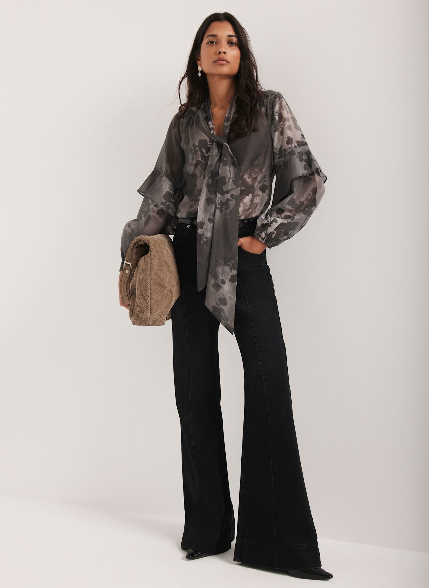 Black Floral Tie Neck Blouse