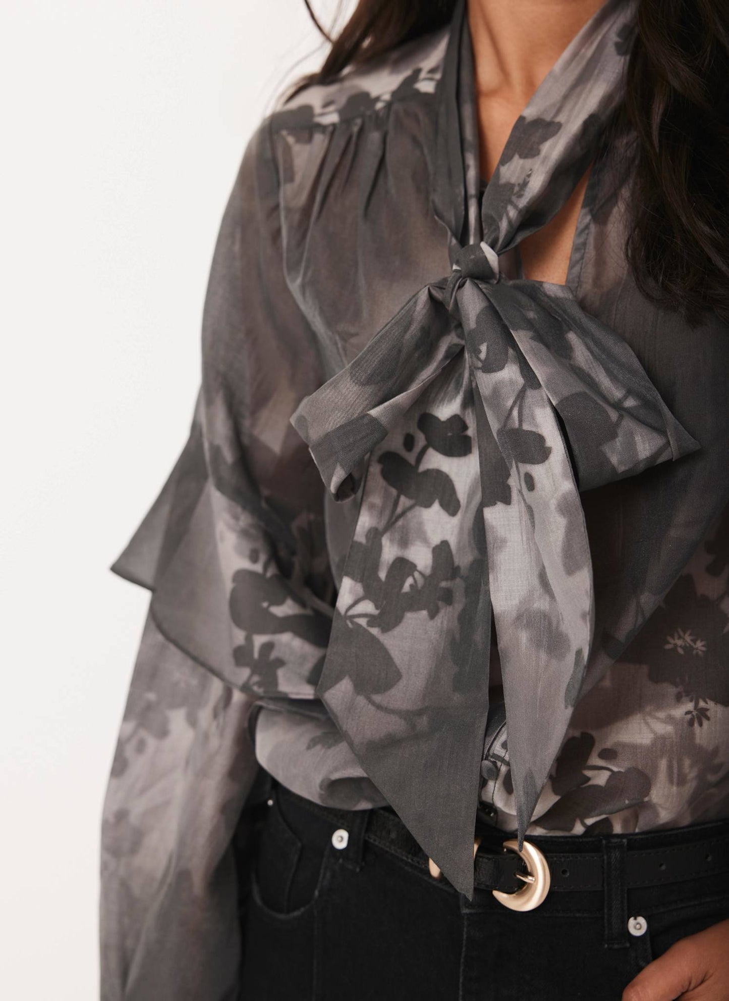 Black Floral Tie Neck Blouse