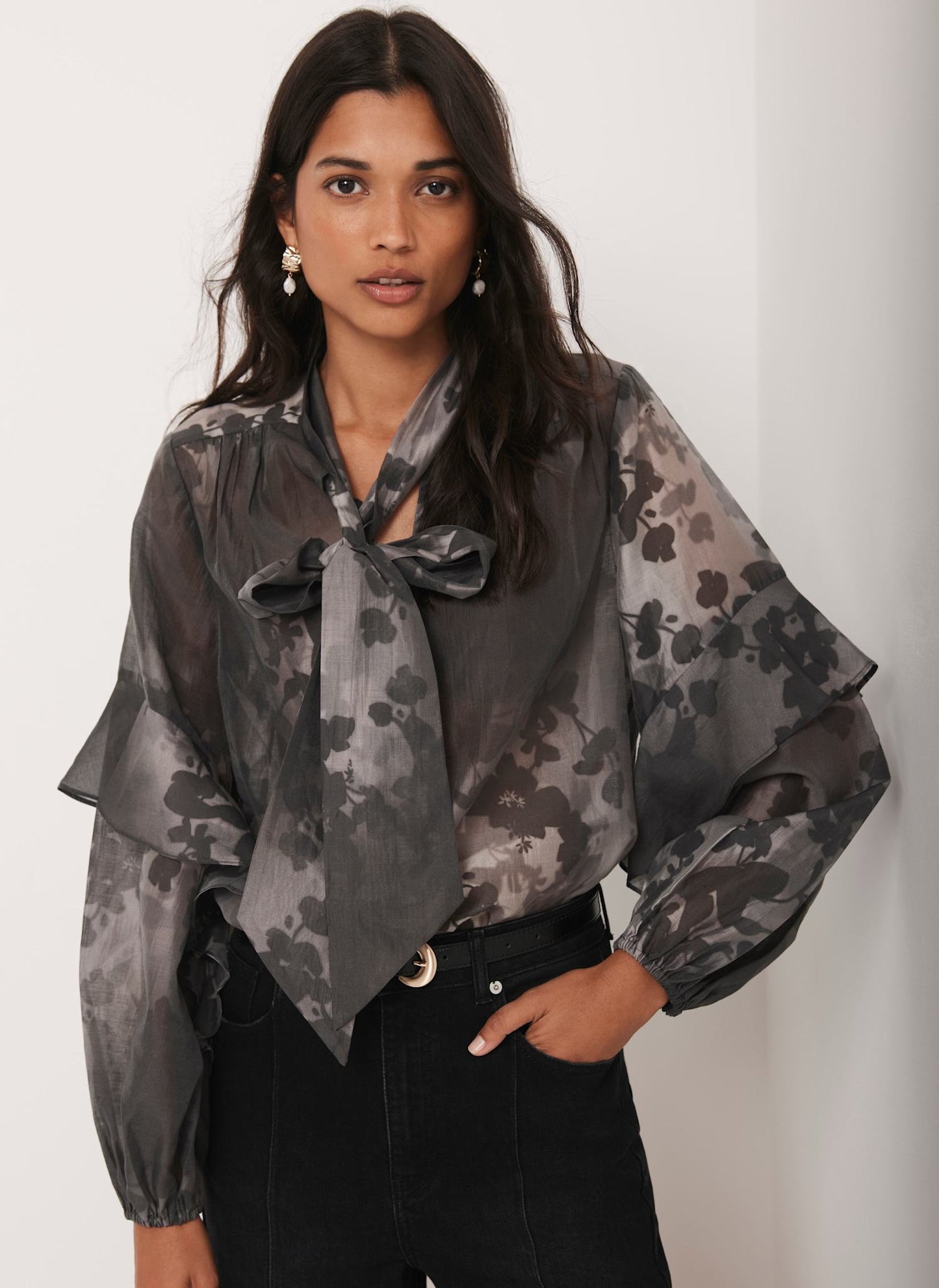 Black Floral Tie Neck Blouse