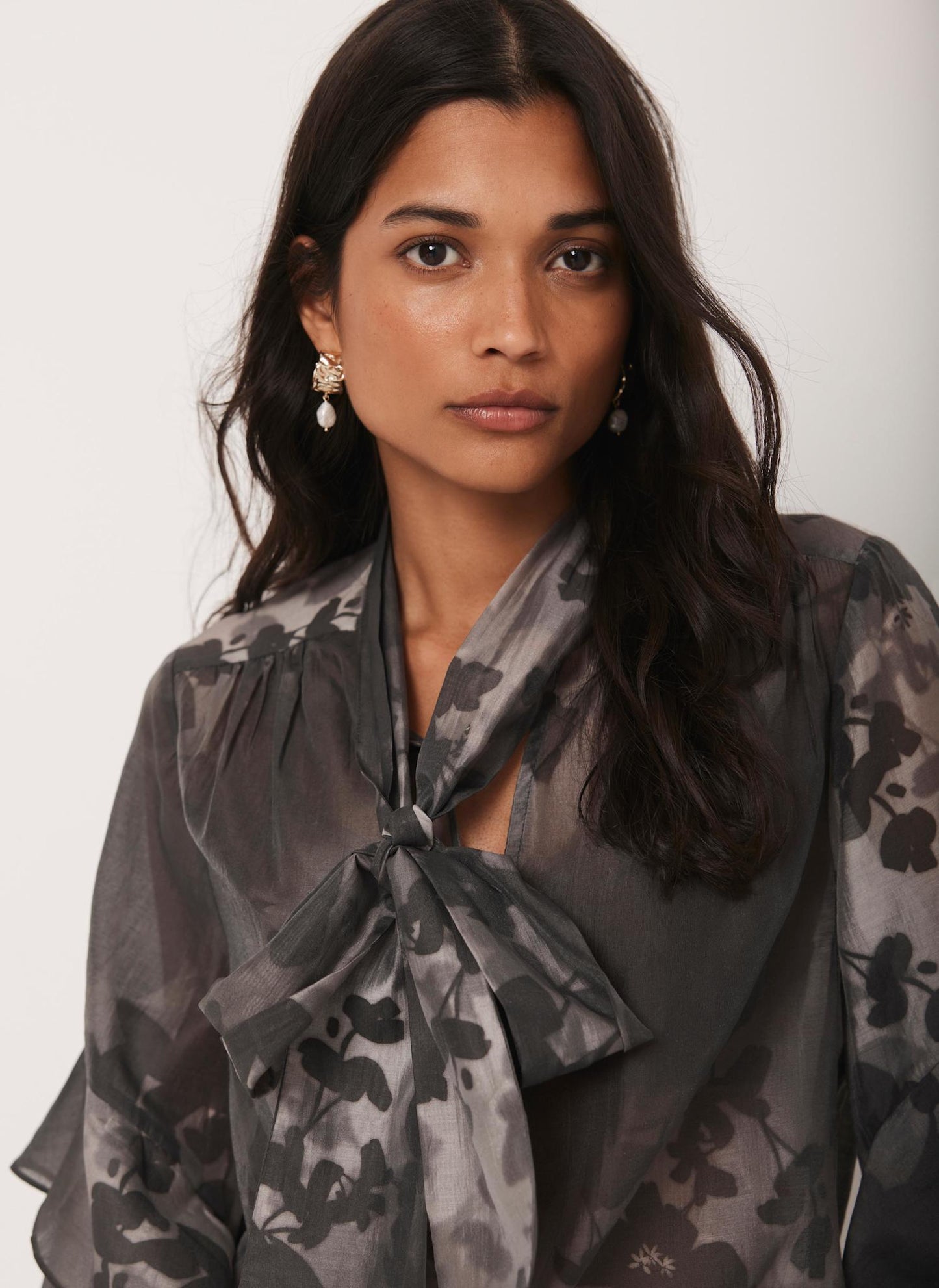 Black Floral Tie Neck Blouse