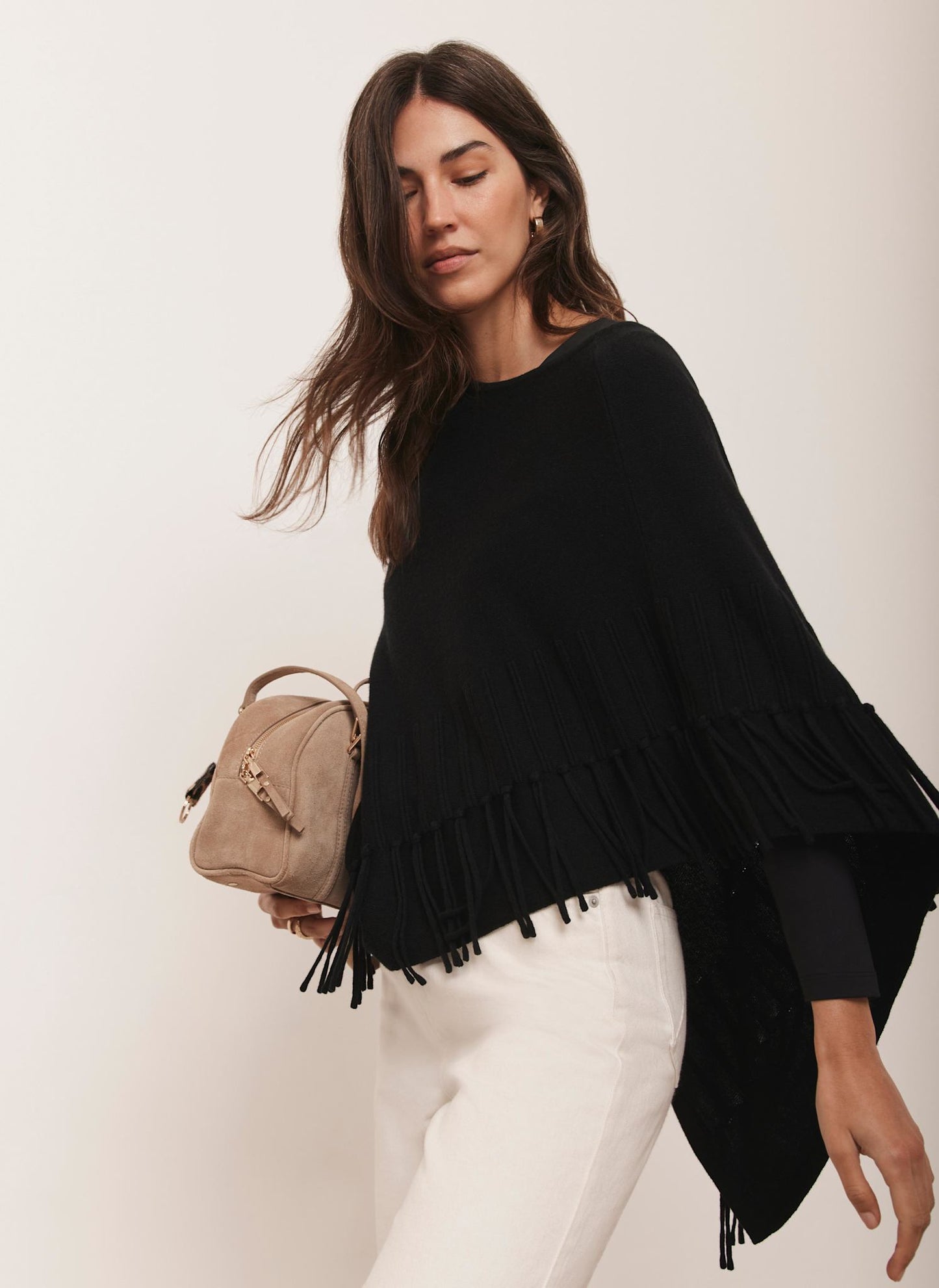 Black Cotton Blend Fringed Knit Poncho