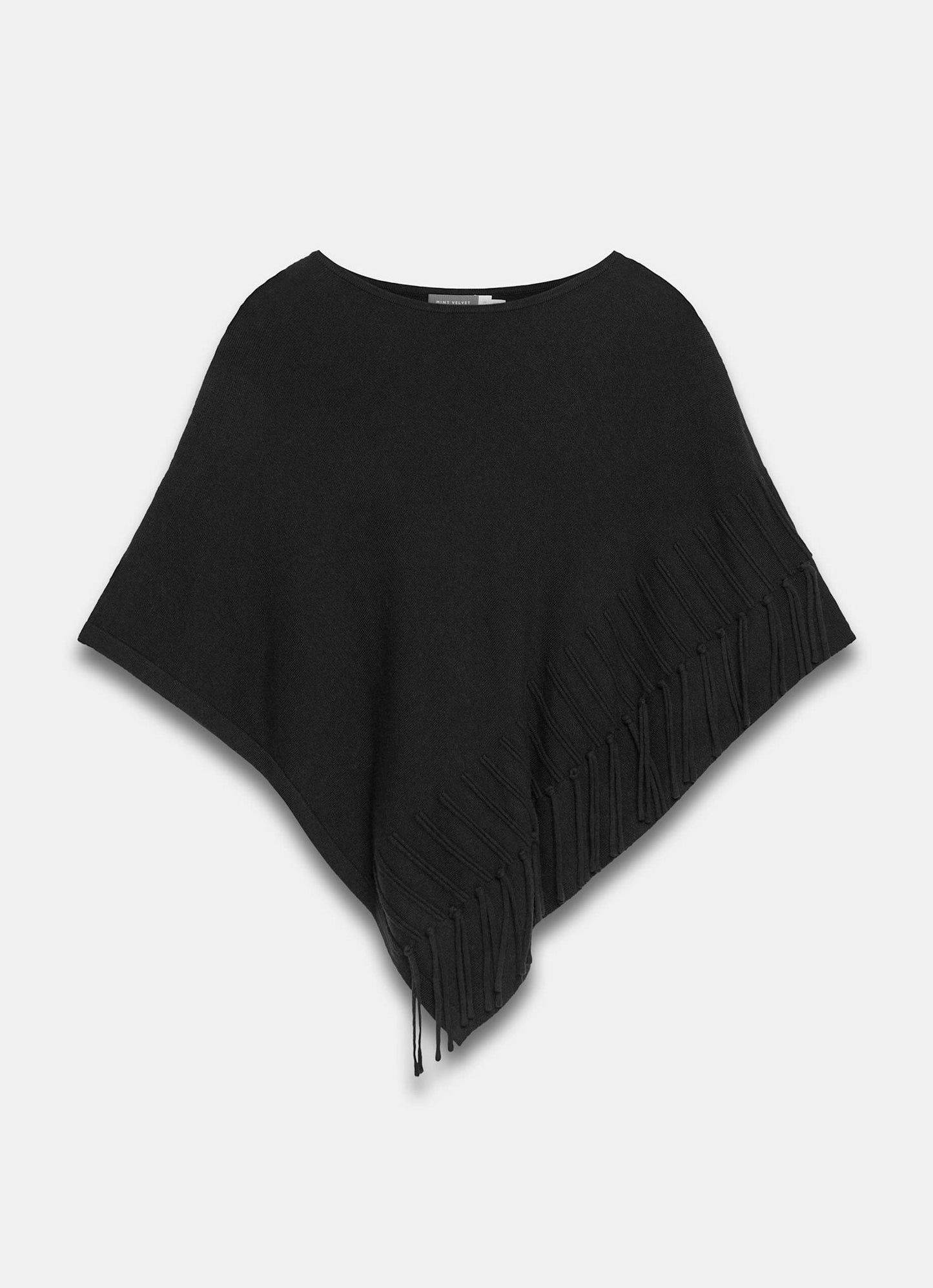 Black Cotton Blend Fringed Knit Poncho