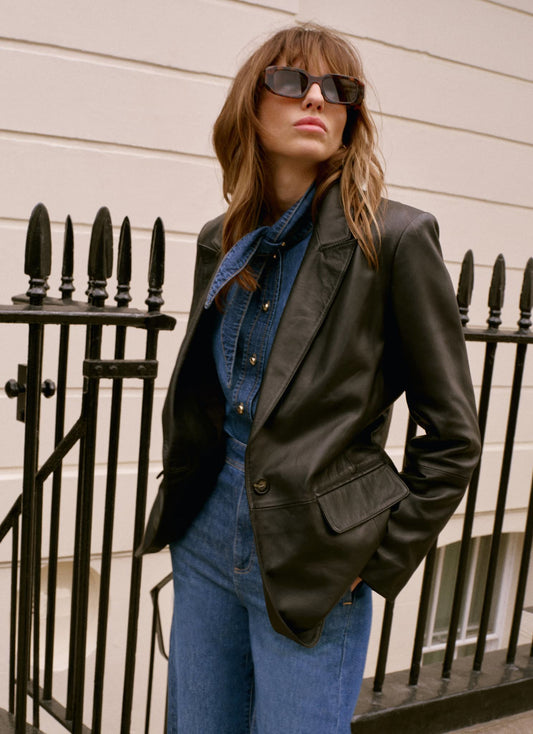 Black Leather Single Breasted Blazer