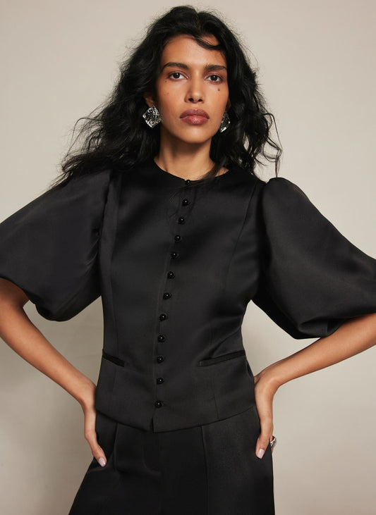 Black Puff Sleeve Satin Jacket