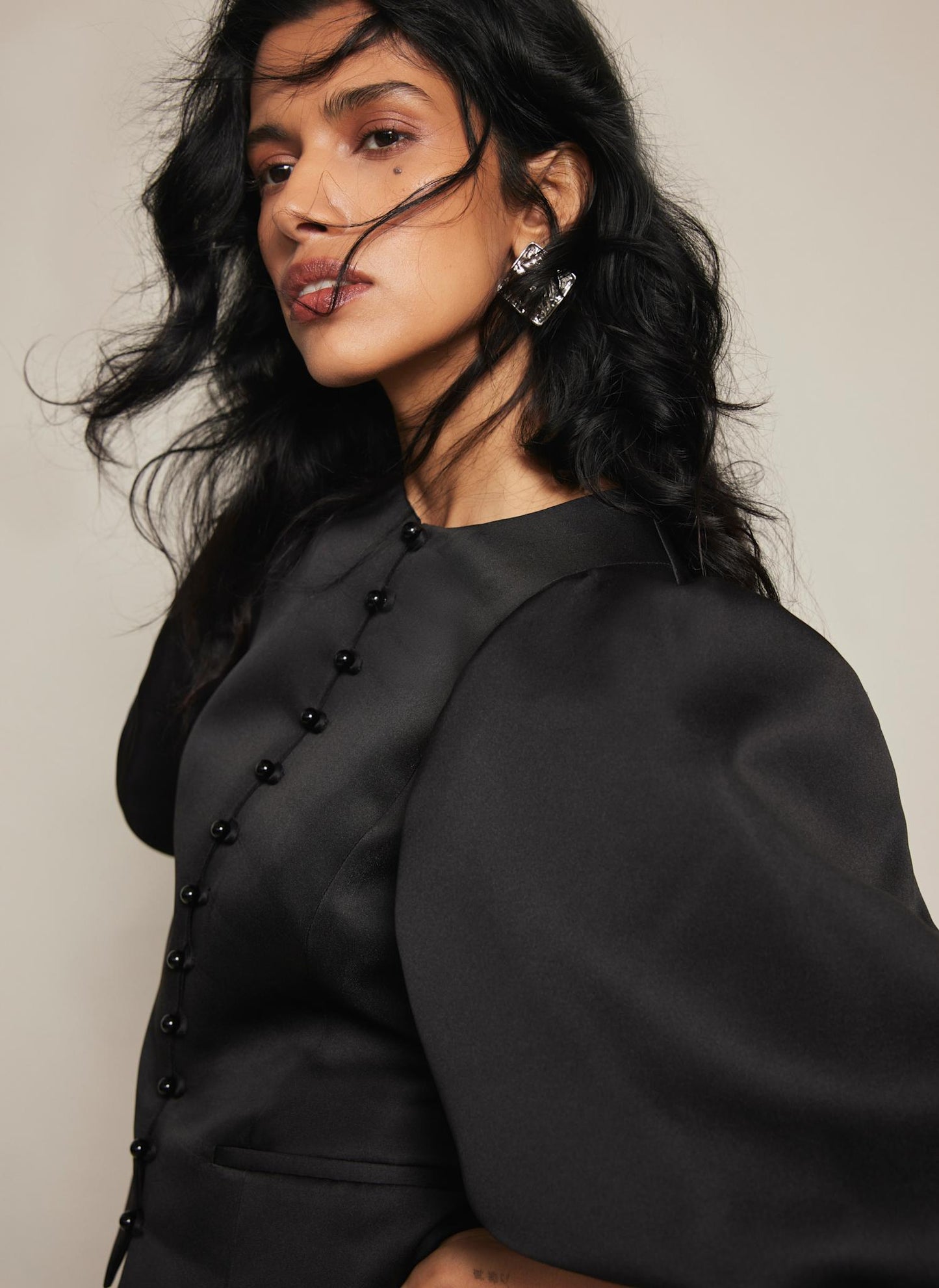 Black Puff Sleeve Satin Jacket