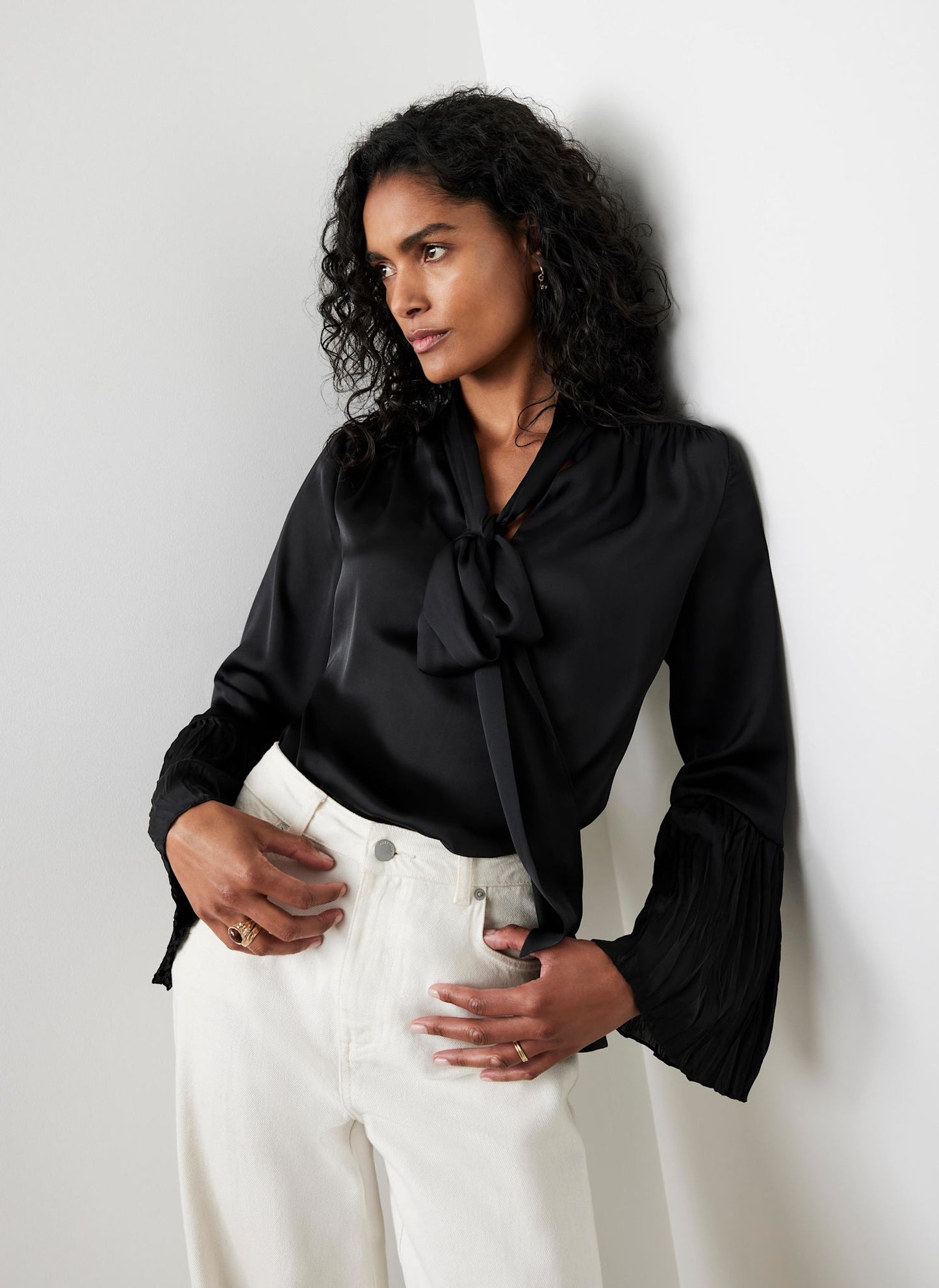 Black Satin Bow Blouse