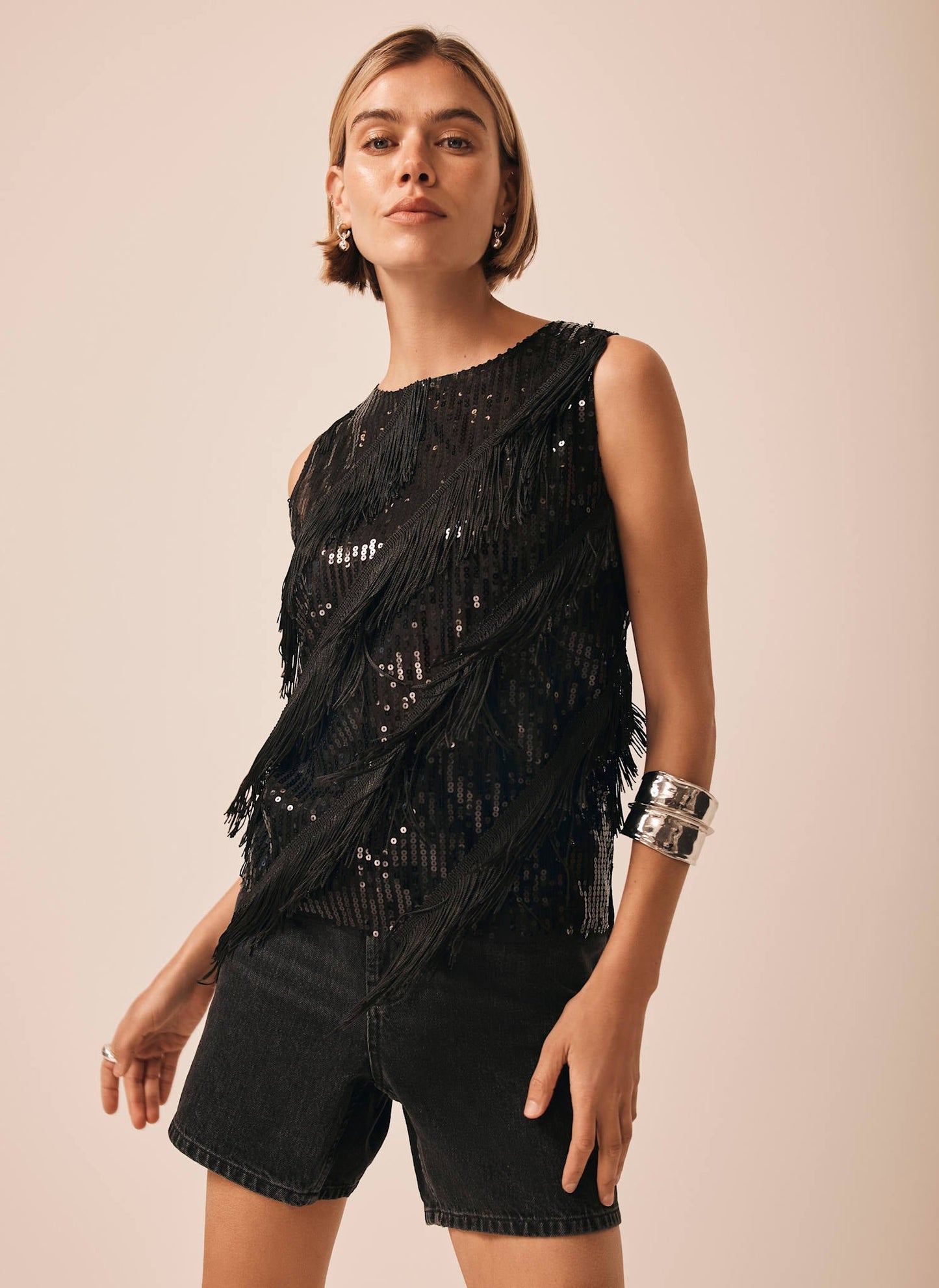 Black Sequin Tassel Top