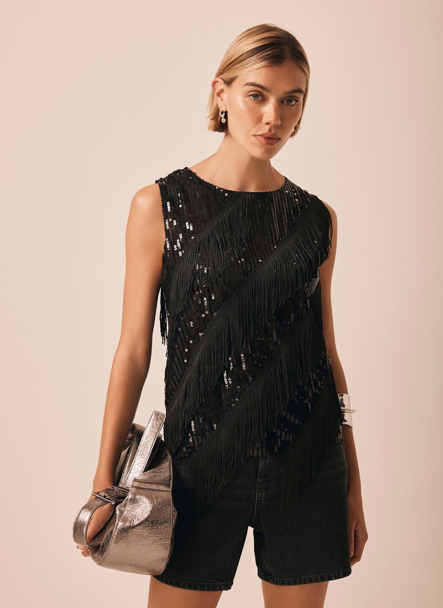 Black Sequin Tassel Top