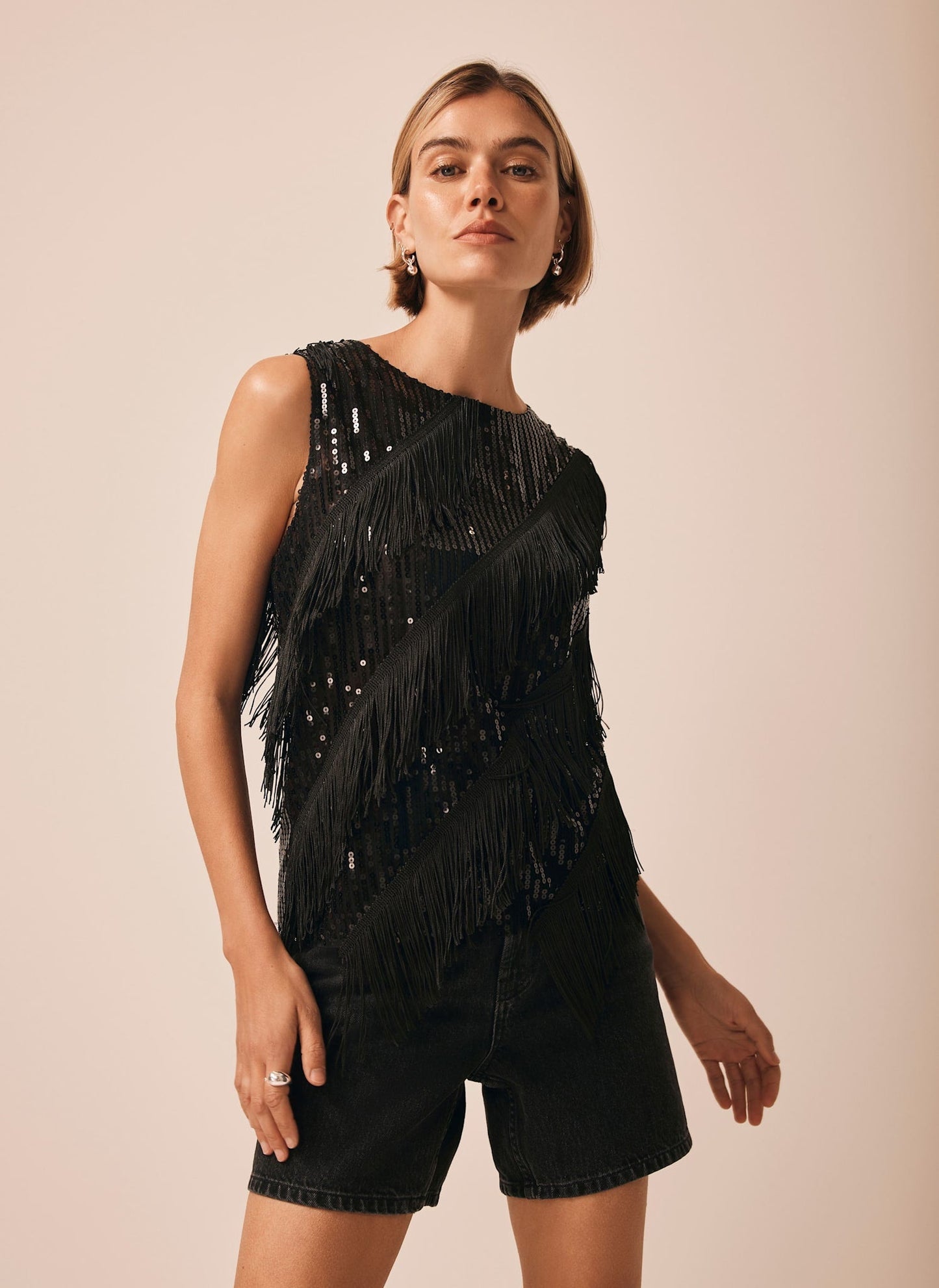 Black Sequin Tassel Top