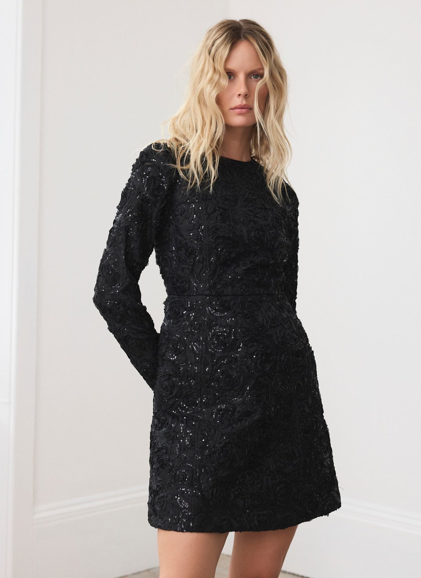 Black Sequin Applique Mini Dress