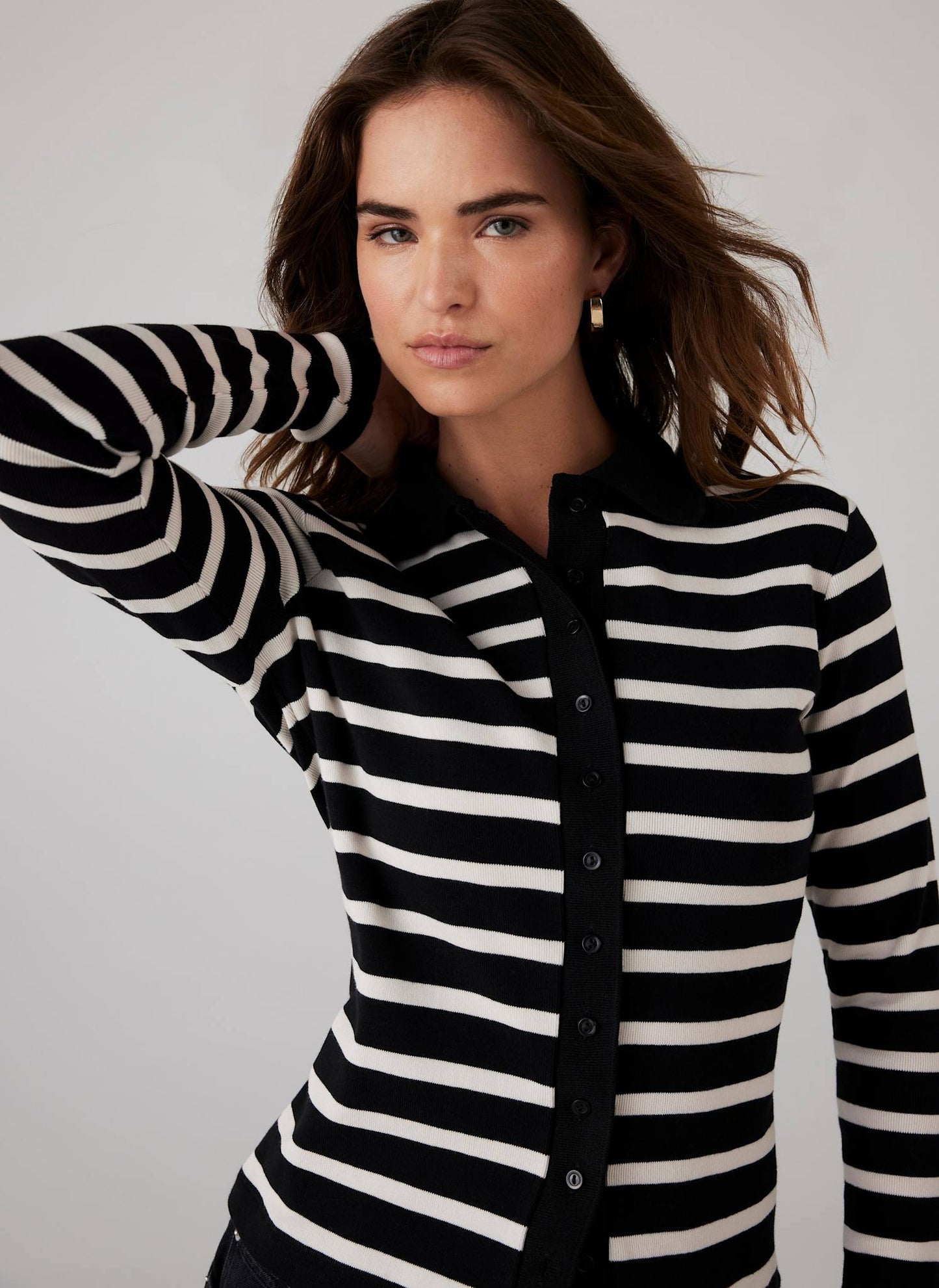 Black Cotton Striped Polo Collar Top