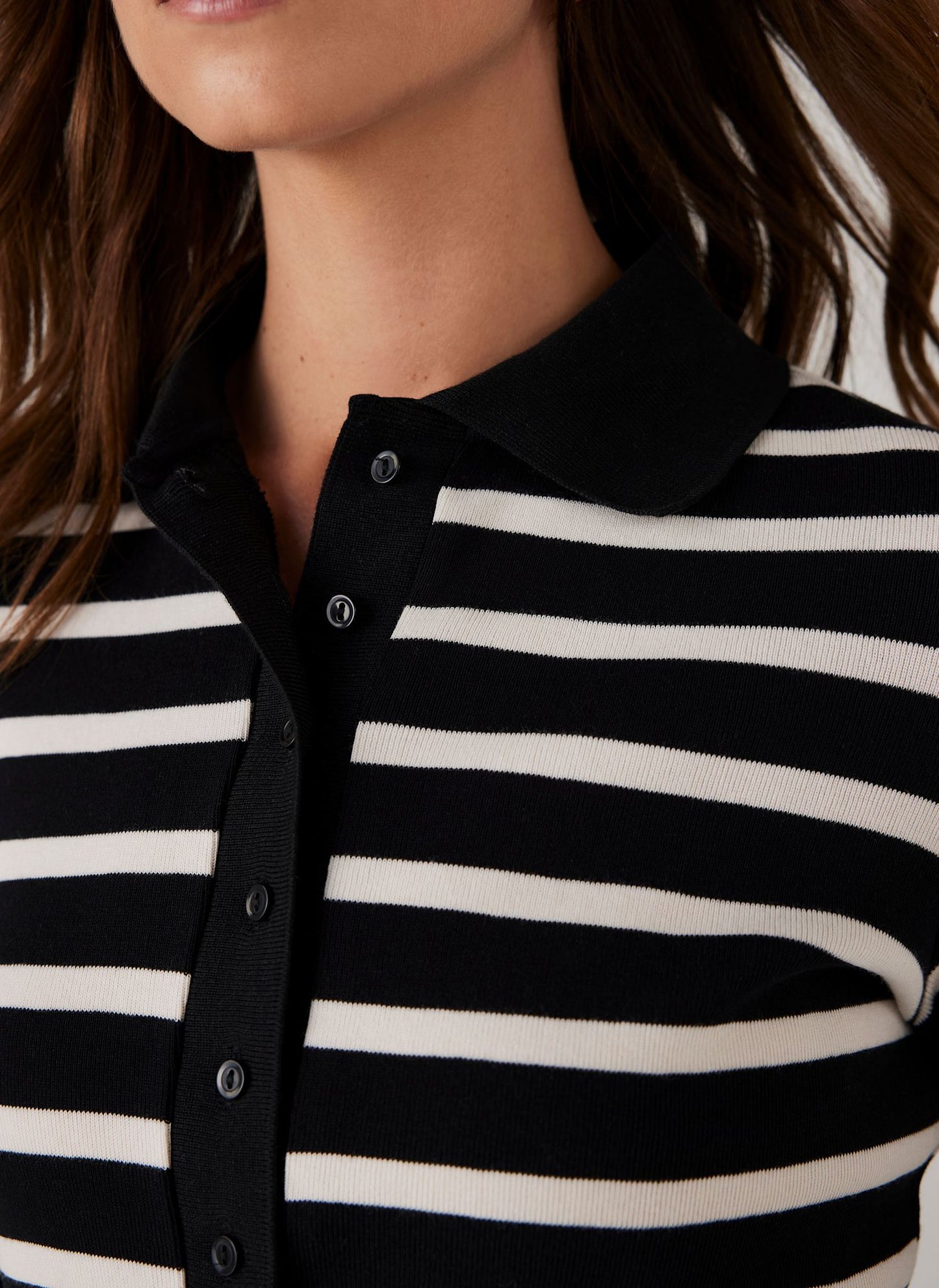 Black Cotton Striped Polo Collar Top