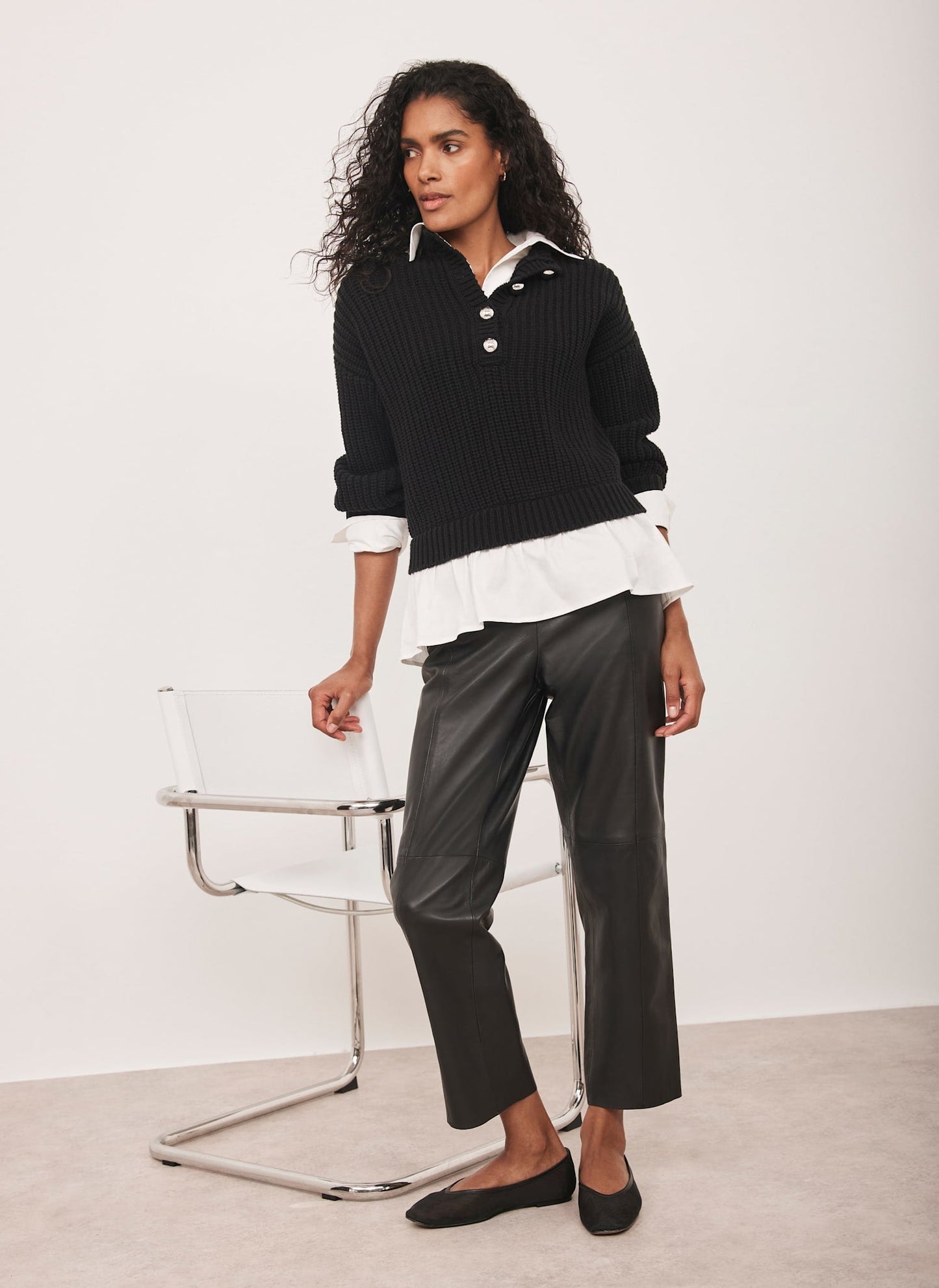 Black Button Detail Layered Shirt Knit Jumper