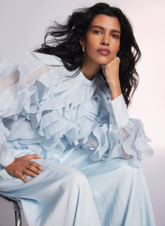 Blue Organza Ruffle Blouse