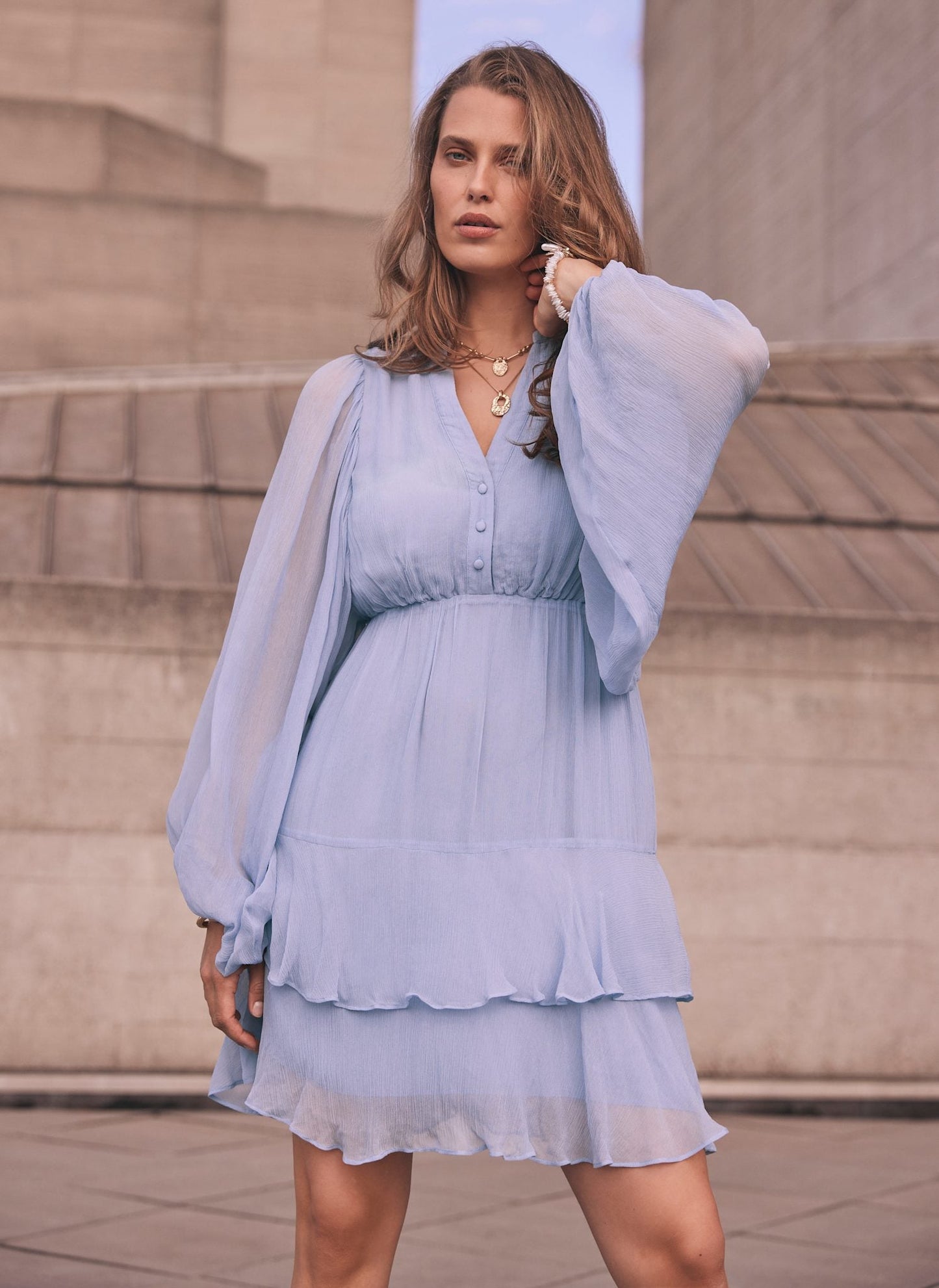 Blue Ruffle Boho Mini Dress